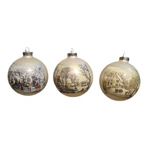 Vintage Lot Of 3 Currier & Ives Corning Glass Works 1970's Christmas Ornaments